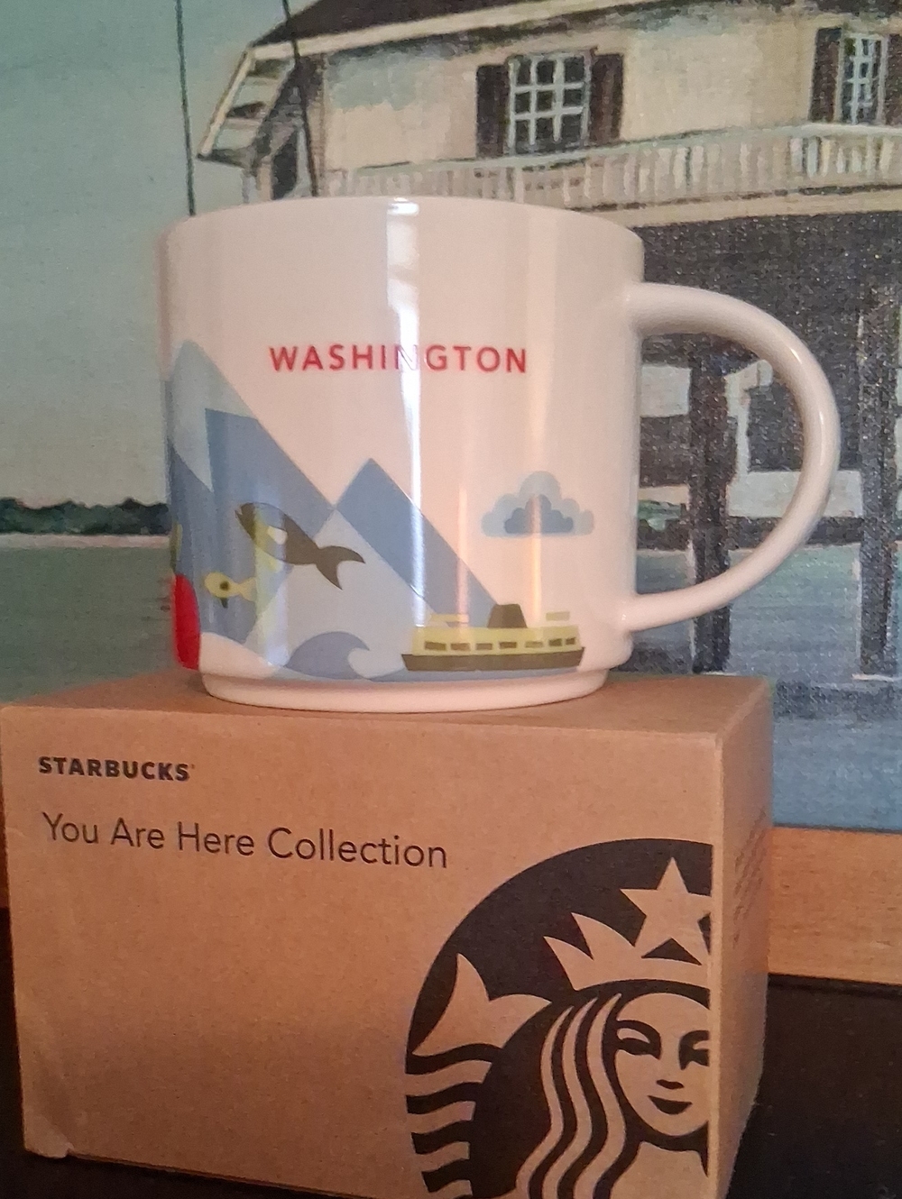 Starbucks White Washington Scenic Ceramic Mug with Blue and Red Accents